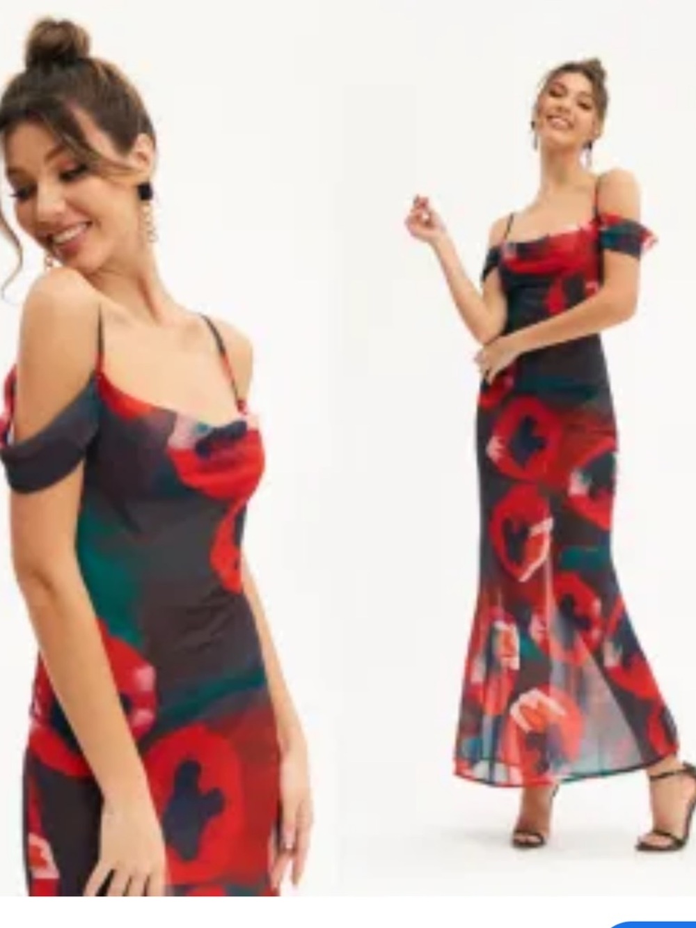 NWT Commense Red Floral Slip Midi Dress with Cowl Neck